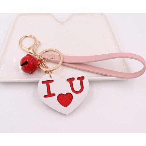 New Sweet fashion Creative letter love pendant PU belt bell Key Chain Pompom Girl Women car Bag Jewelry