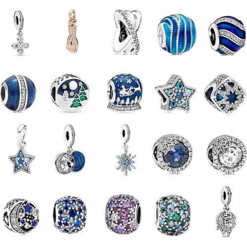 New 925 Silver Ocean Snowflake Star Moon Pendant Five-Pointed Star Bead Suitable Fit Pandora Ladies Bracelet DIY Fashion Jewelry