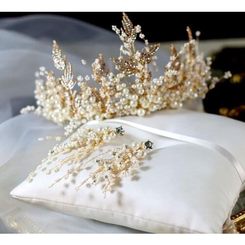 New Luxury Jewelry Set Handmade Pearl Super Fairy Crown Headdress Earrings Bride Wedding Accessories Beads Jewelry Set Exqusite