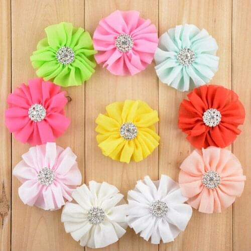 Wholesale 160pcs/lot 2.78" Ballerina Chiffon Flower with Clear Rhinestone Buttons Fabric Flowers for Hair Accessories MH74