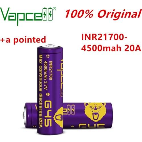Vapcell Original INR 21700 4500mAh 20A G45 Rechargeable Li-Ion high capacity battery button top ( add a pointed ) 1dollar coupon