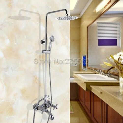 Modern Wall Mounted Chrome Brass Rainfall Bathroom Rain Shower Faucet Set Dual Handle Tub Mixer Tap + Hand Shower Spray lcy356