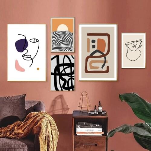 Modern Abstract Nordic Poster Line Sea Sun Figure Face Statue Wall Art Print Canvas Painting Wall Pictures For Living Room Decor