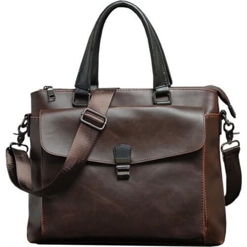 Vintage Mens Briefcase Brand PU Leather Handbag Shoulder Bag Business Office Laptop Bags Casual Man Tote Male Large Solid Brown