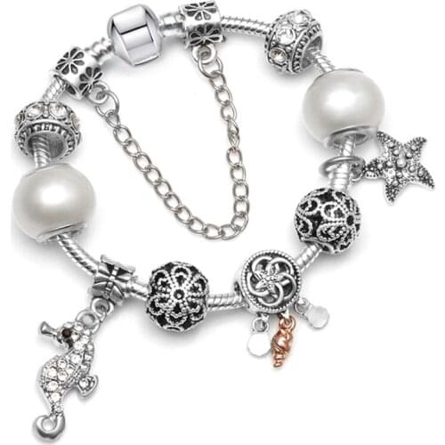 High Quality Ancient Silver-plate Large Hole Beads,DIY Pearl Conch Seahorse Starfish Charm Beads,Brand Fine Bracelet Woman Gifts