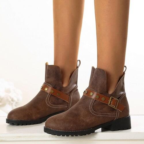 2020 Women Ankle Boots Winter Square Heel Round toe Vintage Boots Women Botas Mujer Female Ankle strap buckle Cowboy Boots 33 34