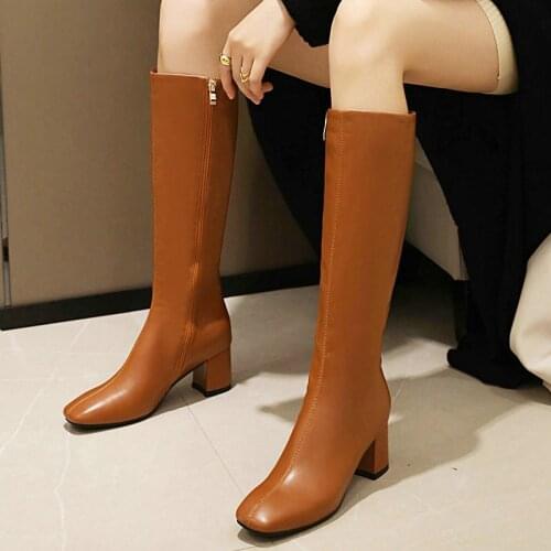 New Female Knight Boots Autumn Winter Fashion Zipper Knee High Boots Ladies Square Toe Thick Heel Plus Size Women Shoes 34-46