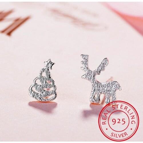 925 Sterling Silver Stud Earrings Deer Christmas Tree Asymmetrical Earrings For Women Girl Christmas Gift Jewelry S-E138