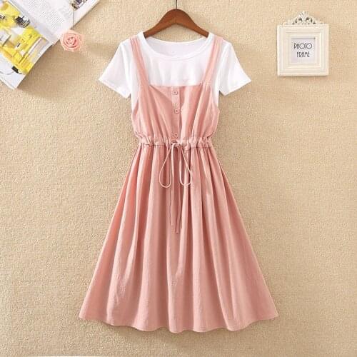 2021 Summer Women 2 Piece Set Chic Button Solid Drawstring Slim Waist Camis Dress + White Short Sleeve T-shirt Women Suits Q65