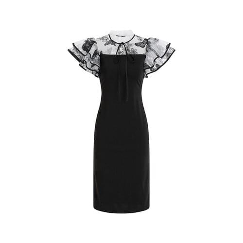 Spring And Autumn French Retro Womens Dress Elegant Dots Ruffles Long Sleeve Net Yarn Splicing Black Wrap Dress For Ladies