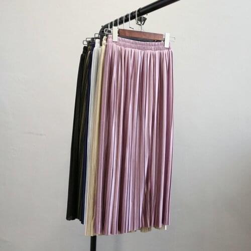 Alphalmoda New Arrival Women Pleated Midi Skirts Elastic Waist Solid Color Shining Fashion Satin Skirts in 6colors