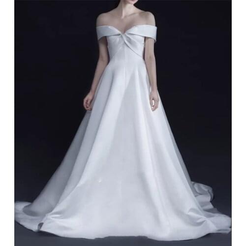 Off-Shoulder French Style Sweep Train Wedding Dress Elegant Satin A-Line Backless Bridal Gowns vestidos de mairee Wedding