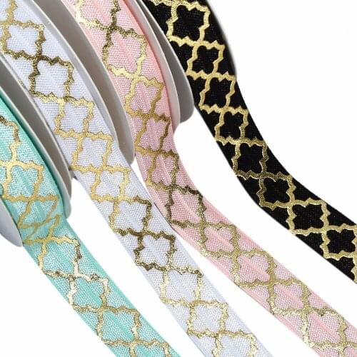 5/8" Gold Foil Big Quatrefoil Printed Fold Over Elastic 100 yards per lot Custom Print FOE Ribbon