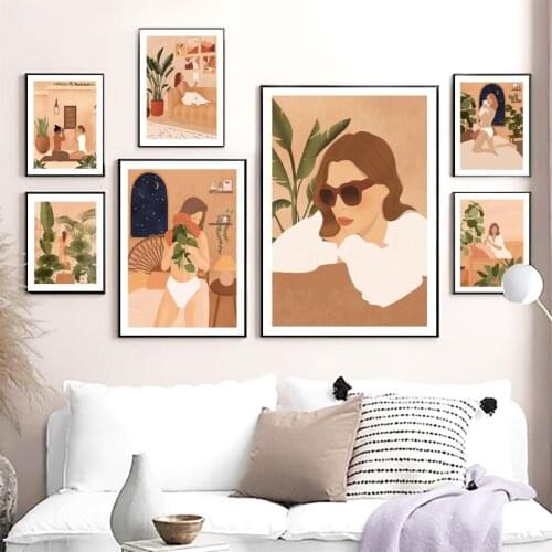 Boho Yoga Monstera Woman Bathroom Abstract Wall Art Canvas Painting Nordic Poster And Prints Wall Pictures For Living Room Decor