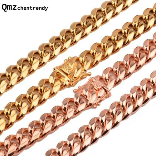 8mm/10mm/12mm/14mm Stainless Steel Curb Cuban Chain Necklace Boys Mens Fashion Chain Dragon Clasp Gold RoseGold jewelry
