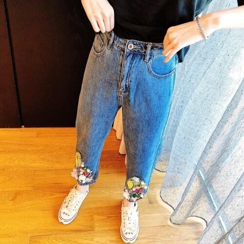 Design Women High Waist Straight Jeans Fashion Sequin Beading Flowers Loose Fit Luxury Denim Pants Casual Ankle Length Trousers