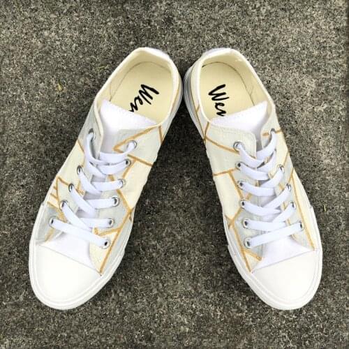 Wen Unisex Canvas Sneakers Hand Painted Shoes Low Top Original Design Irregular Gold-bordered Geometric Pattern Sport Plimsolls