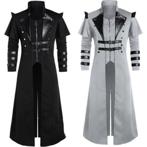 Medieval Steampunk Assassin Elves Pirate Costume For Adult Black Vintage Long Split Jacket Gothic Armor Leather Coats 5XL