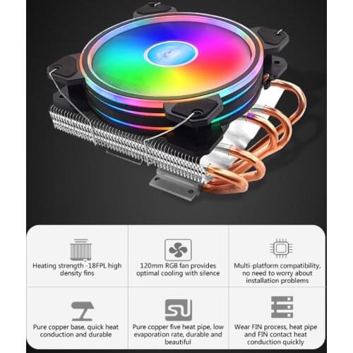 Low Profile CPU Cooler for Intel/amd/LGA Colorful RGB Chassis Radiator 5 Heatpipes CPU Air Cooler 120mm Silent PWM Fan