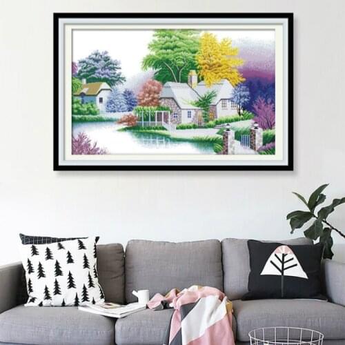 Threads for knitting European-style landscape decorative painting suburban rural landscape forest cabin all for cross-stitch