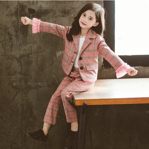 Girls Fall Chequered Suit Two-Pieces Kids Trendy Ruffles Spliced Long-sleeved British Style Suits Childrens Casual Clothes P238