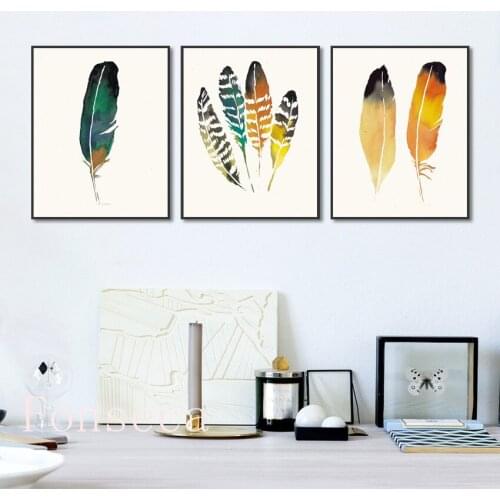 Yellow And Blue Feather Canvas Posters Hd Print Chic Art Canvas Painting Wall Pictures For Gallery Living Room Home Decor