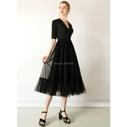 10243 lovely black V-neck natural half-sleeve A-line tea-length spandex&tulle homecoming dresses/Party gowns belt free shipping