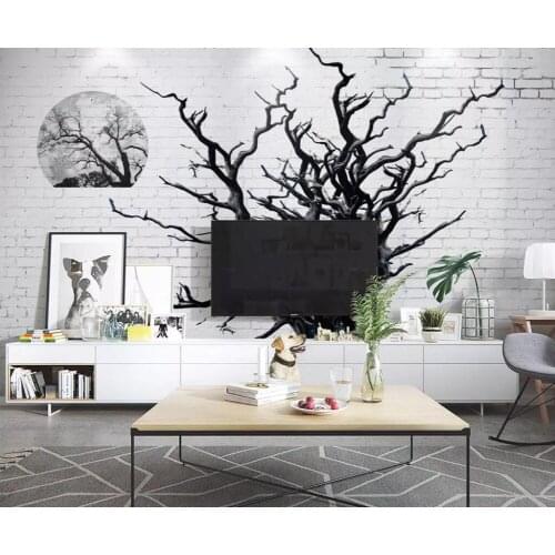 CJSIR Custom Wallpaper Beautiful Dead Tree Black and White Brick Wall TV Background Living Room Bedroom Mural 3d Wallpaper
