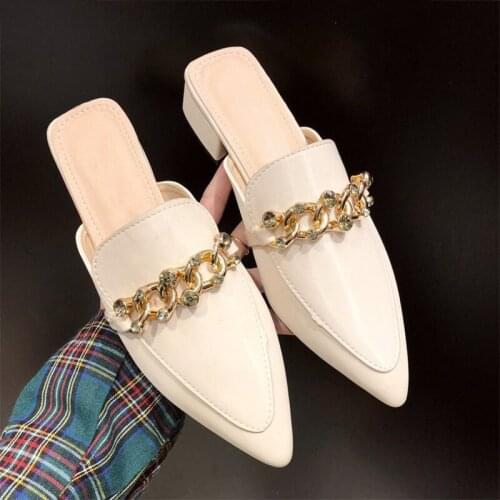 Women Slippers Shoes Pointed Toe Chains Low Heels Ladies PU Slides Slingbacks Square Heels Female Summers Fashion Casual New