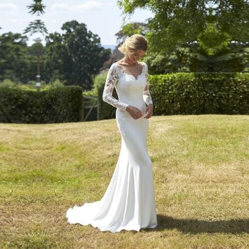 Long Sleeve Mermaid Wedding Dress Lace Appliques Bridal Gown Custom Made Chiffon Wedding Dresses Elegant Vestido de Noiva