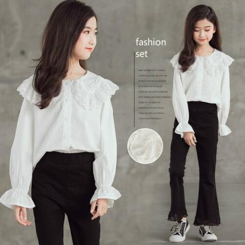 Spring Girl Sets Autumn Long Sleeve White Shirts and Pants 2 Pcs Suit Childrens Clothing Set Kids Clothes 6 8 10 12 14 16 Y