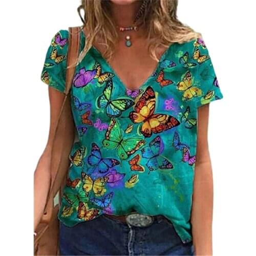 New Fashion Ladies Cartoons Butterfly Print T Shirt Short Sleeve V-neck Women Tops Casual Summer Pullovers Loose Shirts Femme