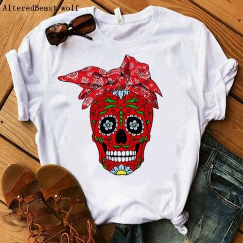 Red Skull Women T Shirt Summer Mama Funny Red Bandana Women Fashion Casual Short Sleeve Tshirt Femme Tops Mom O-neck Punk T-shir