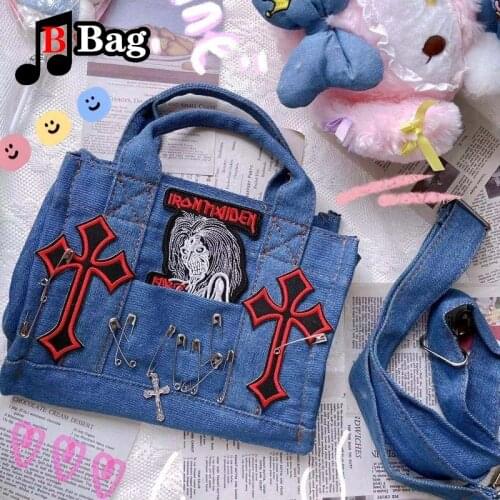 Women punk shoulder bag Gothic Street Handbag female Y2K Figure cross embroidery tote Satchel Spice Girls Denim messenger bag