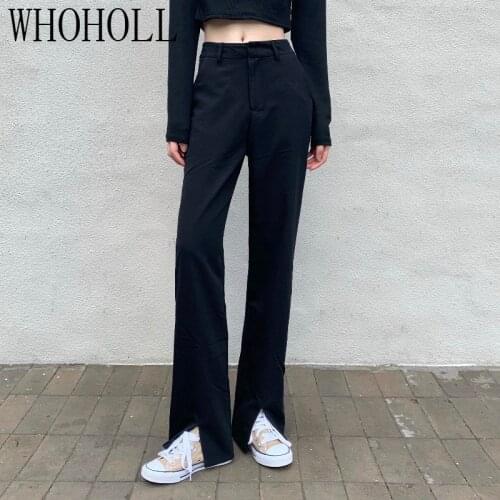 2021 Summer Womens Elastic Waist Solid Straight Pants Stretchy Bell Bottom Black Split Wid Leg Trousers New Arrival Clothing