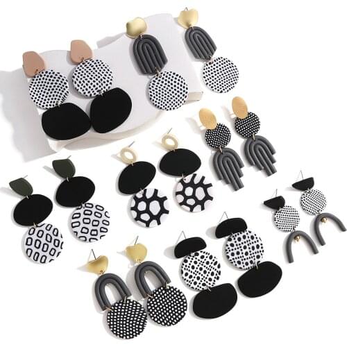 AMORCOME Multiple White Black Dots Polymer Clay Drop Earrings for Women Geometric Irregular Hanging Earrings Trendy Jewelry
