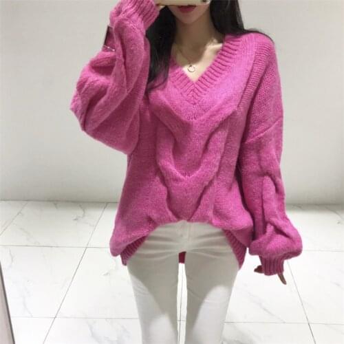Lazy Style Chic Korean Twist Knitted Sweater for Ladies Elegant Fashion V-neck Loose Oversize Sweater 2020 Winter Fashion Women