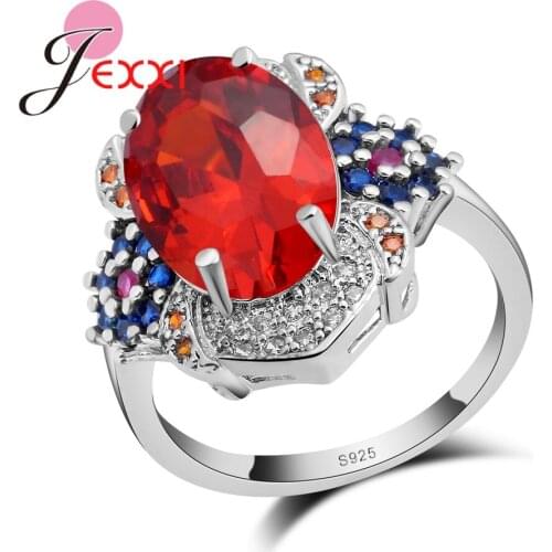 New Fashion Show Elegant Temperament Colorful Jewelry Womens Girls 925 Sterling Silver Wedding Ring Big Red Oval Crystal