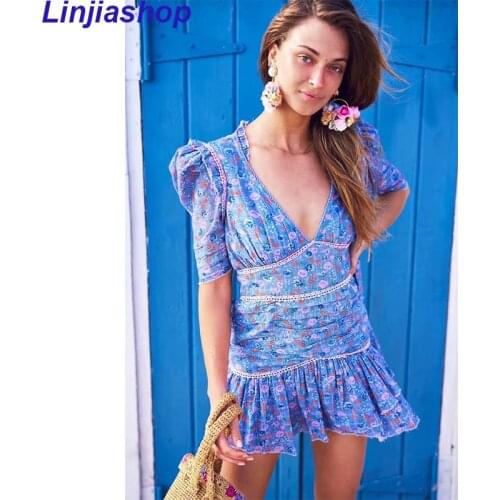 Blue floral ruffle dress women V-neck new summer dress vintage chic party dress mini sexy lades dress new 2021