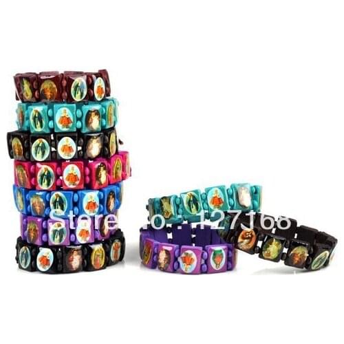 20PCS/lot Mix Colors Children mix Saints Religion rosary wooden bracelet Free Shipping