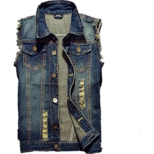 2021 Ripped Jean Jacket Mens Denim Vest Hip Hop Cowboy Coats Waistcoat High Quality Sleeveless Gilet Outwear Male Plus Size 6XL