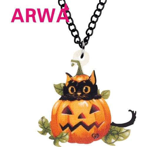 ARWA Acrylic Halloween Pumpkin Head Black Cat Necklace Choker Pendant Lovely Anime Animal Jewelry For Women Teens Novelty Gift