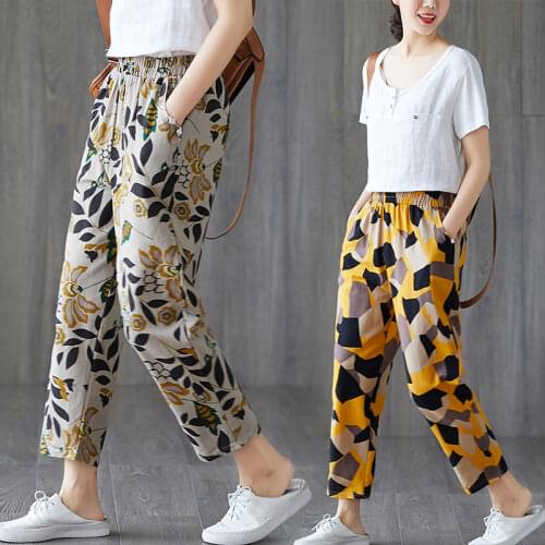 Casual Cotton Linen Pants Women Elastic Waist Vintage Printed Loose Ankle Length Trousers 2021 Spring Summer Womens Harem Pants