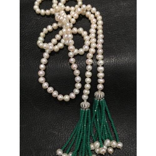 Long freshwater pearl necklace with green tassel fashion women jewelry 110CM accept order any lenth free shipping