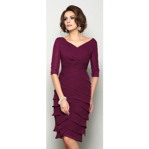Elegant Mother of The Bride Dresses Chiffon Deep V-Neck Wedding Party Gowns Tiered Pleat Sheath Mother Dresses for Wedding