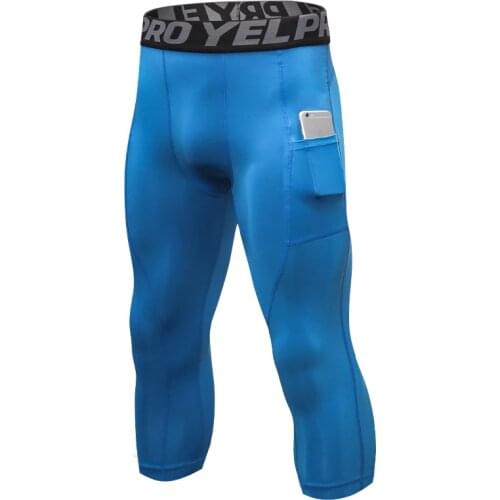New Men 3/4 Length Compression Running Tights With Pocket Quick Dry Leggings Mens Gym Fitness Training Workout Male Sport Pants