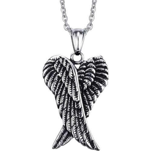 Fashion Men 's Stainless Steel Gothic Vintage Double Angel Wings Pendant Biker Jewelry