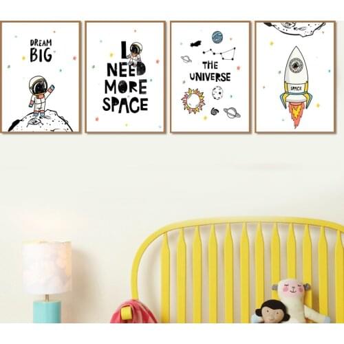 Cartoon Astronaut Rocket Planet Space Canvas Painting Wall Art Retro Posters And Prints Picture Kid Boy Girl Room Decoration
