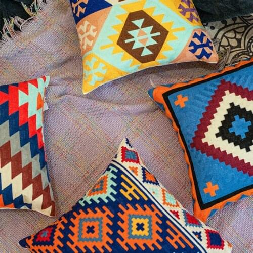 DUNXDECO Cushion Cover Decorative Pillow Case Vintage Rustic National Flora Geometric Cotton Thread Embroidery Simple Coussin