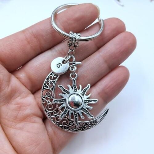 New Crescent Moon Keychain/Sun Initial/Moon Sun Key Chain/Sun Moon/Celestial Initial Key Ring/Sun Charm Keychain fashion